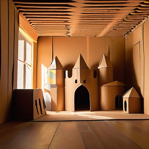 Children building cardboard box forts and cities.